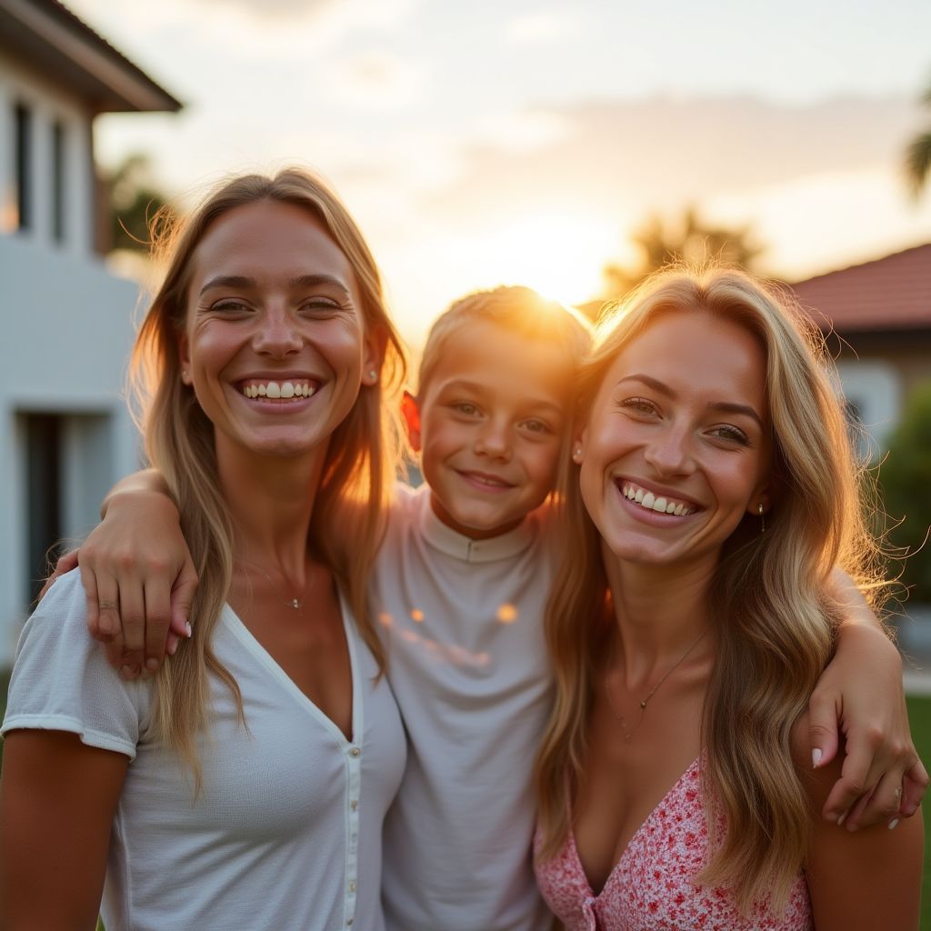 Una familia feliz frente a su nueva casa.