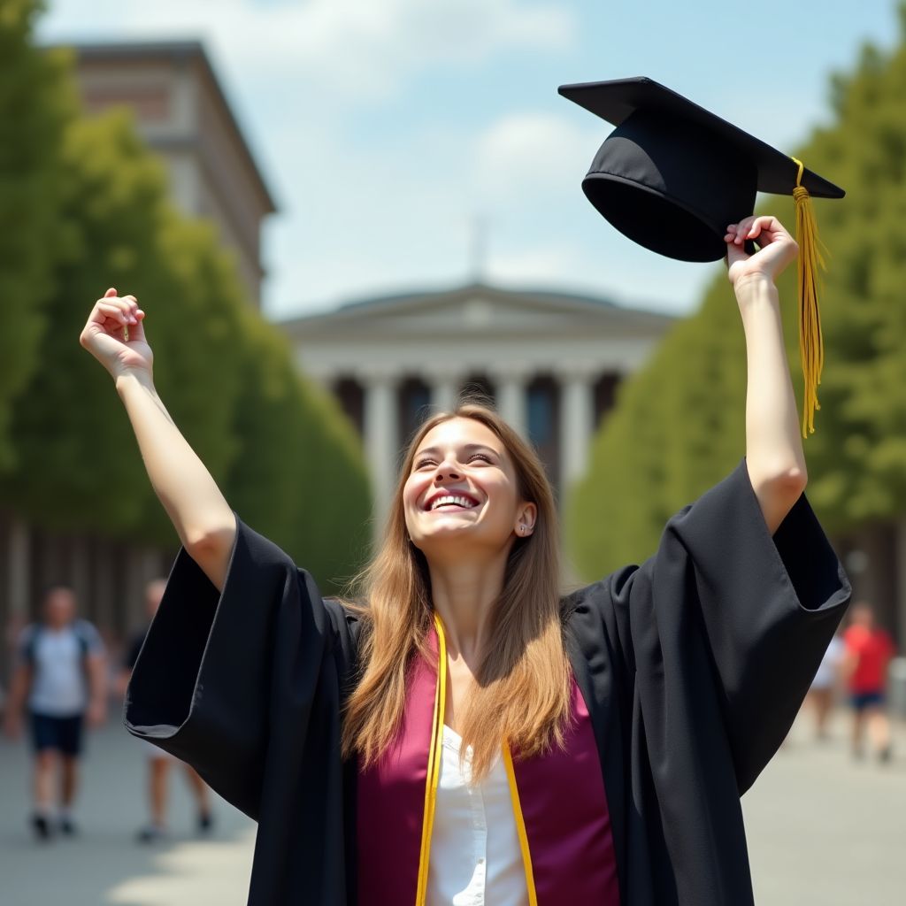 Un estudiante lanzando su birrete al aire en su graduación.